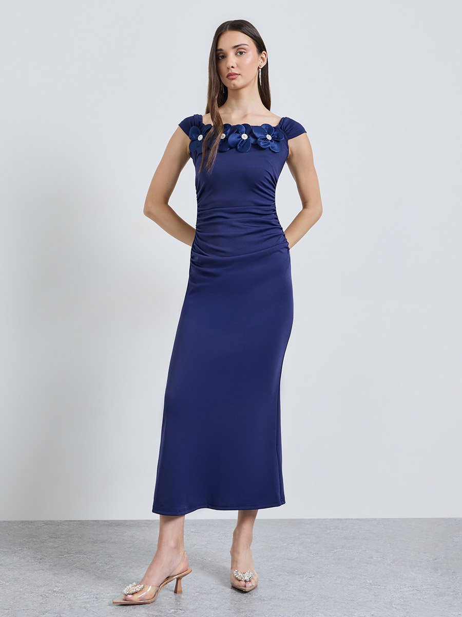 Navy Blue Solid Square Neck Bodycon Midi Dress