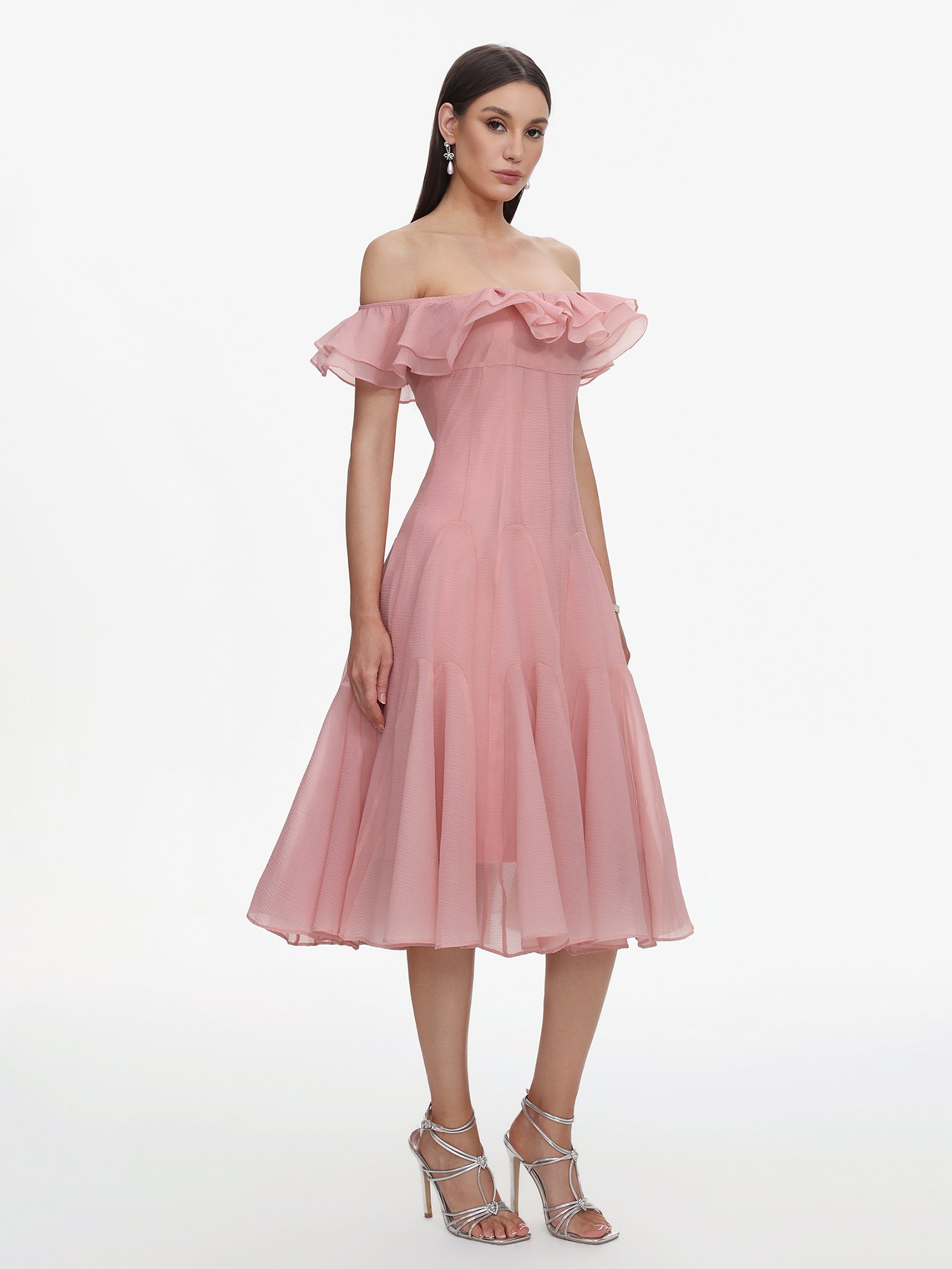 Pink Off-Shoulder A-Line Midi Dress