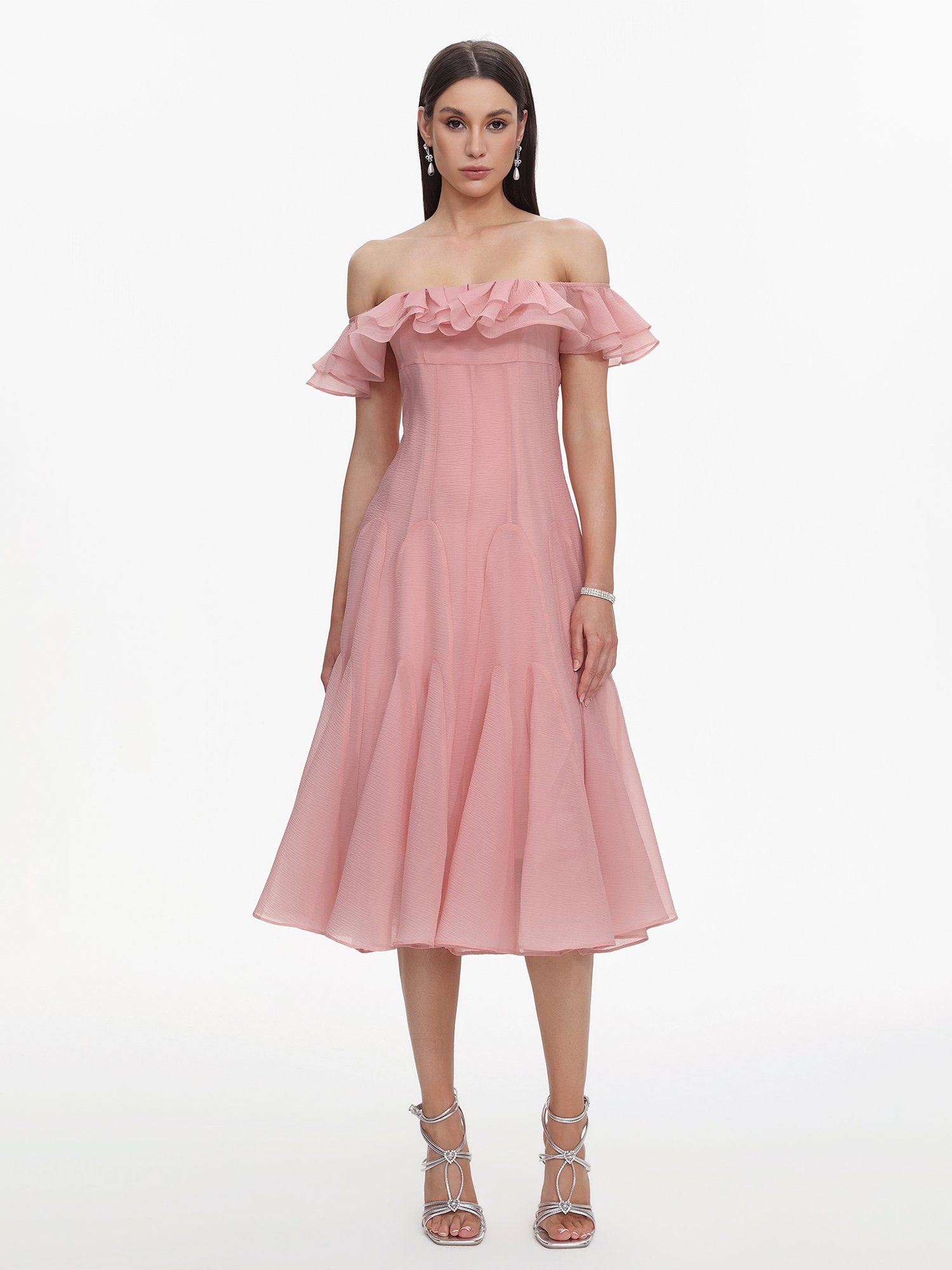 Pink Off-Shoulder A-Line Midi Dress