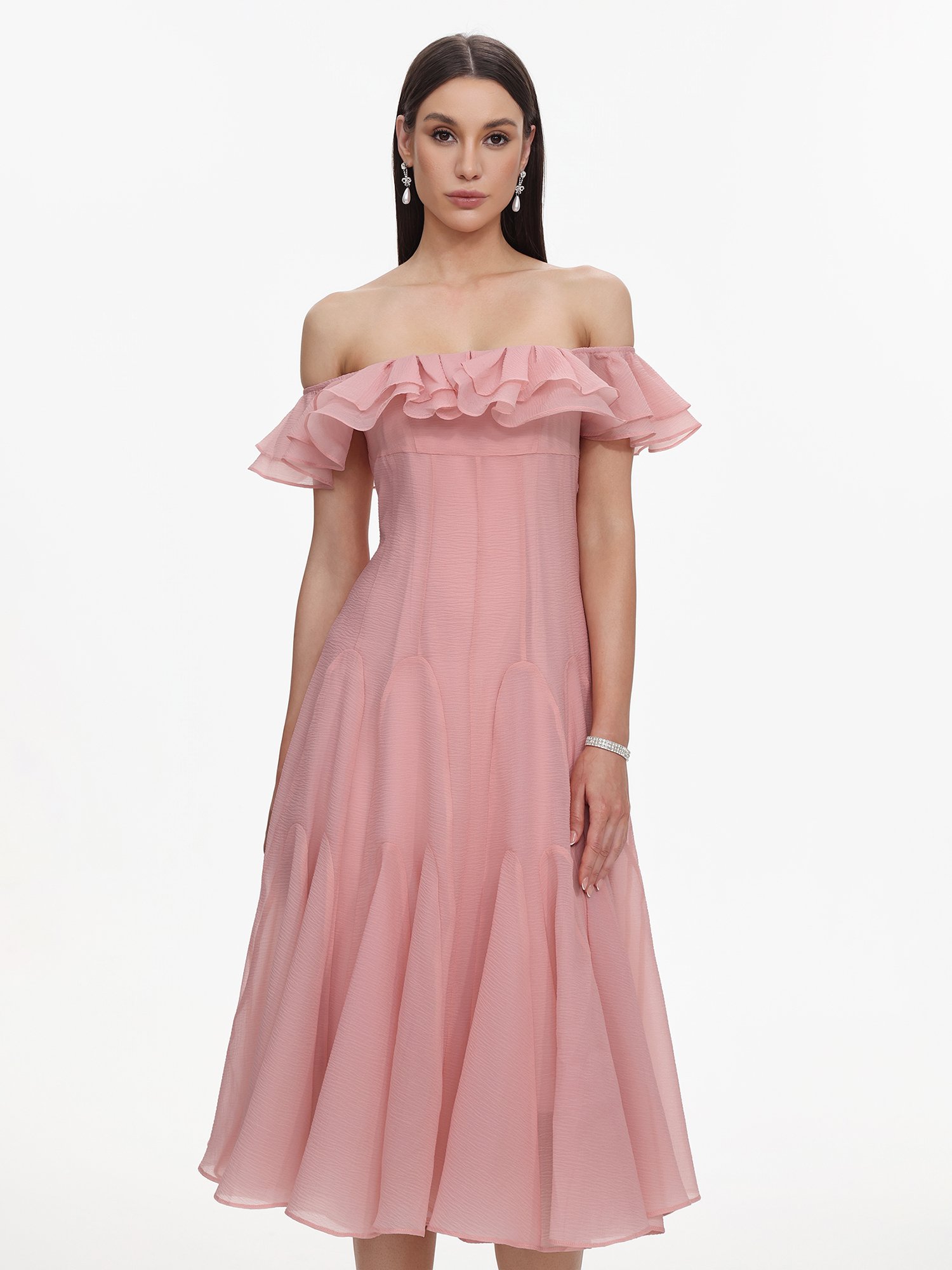 Pink Off-Shoulder A-Line Midi Dress