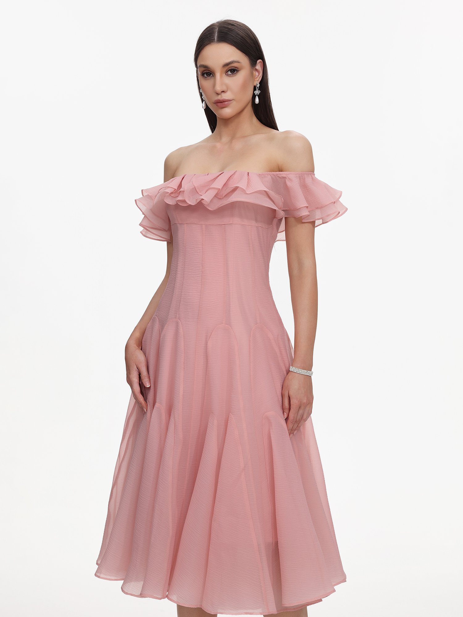Pink Off-Shoulder A-Line Midi Dress