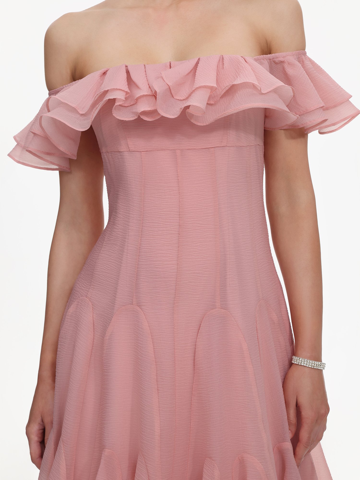 Pink Off-Shoulder A-Line Midi Dress