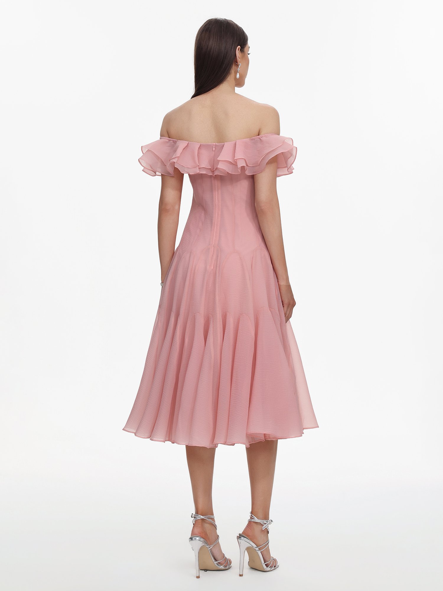 Pink Off-Shoulder A-Line Midi Dress