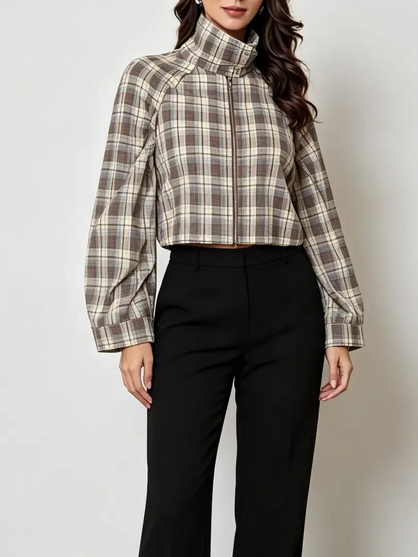Brown Plaid Long Sleeve Zip-Up Crop Top