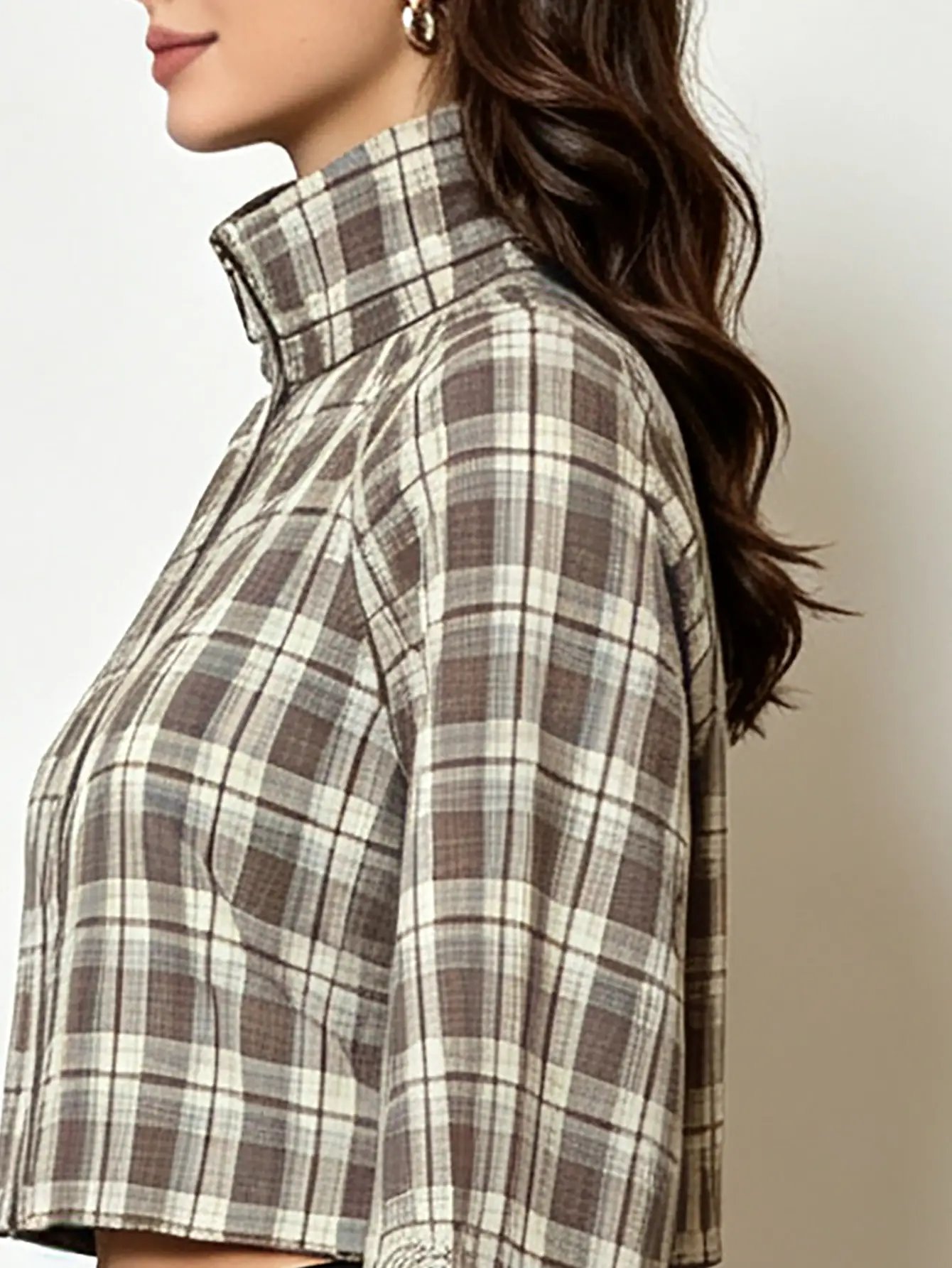 Brown Plaid Long Sleeve Zip-Up Crop Top