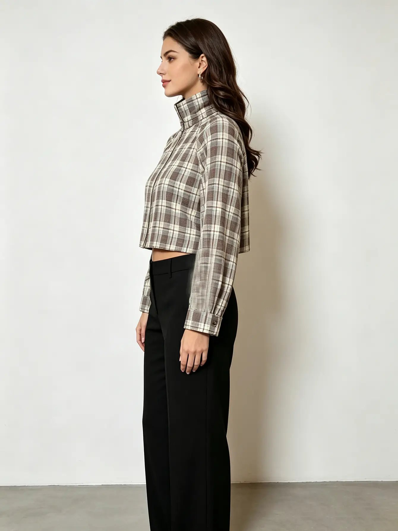 Brown Plaid Long Sleeve Zip-Up Crop Top