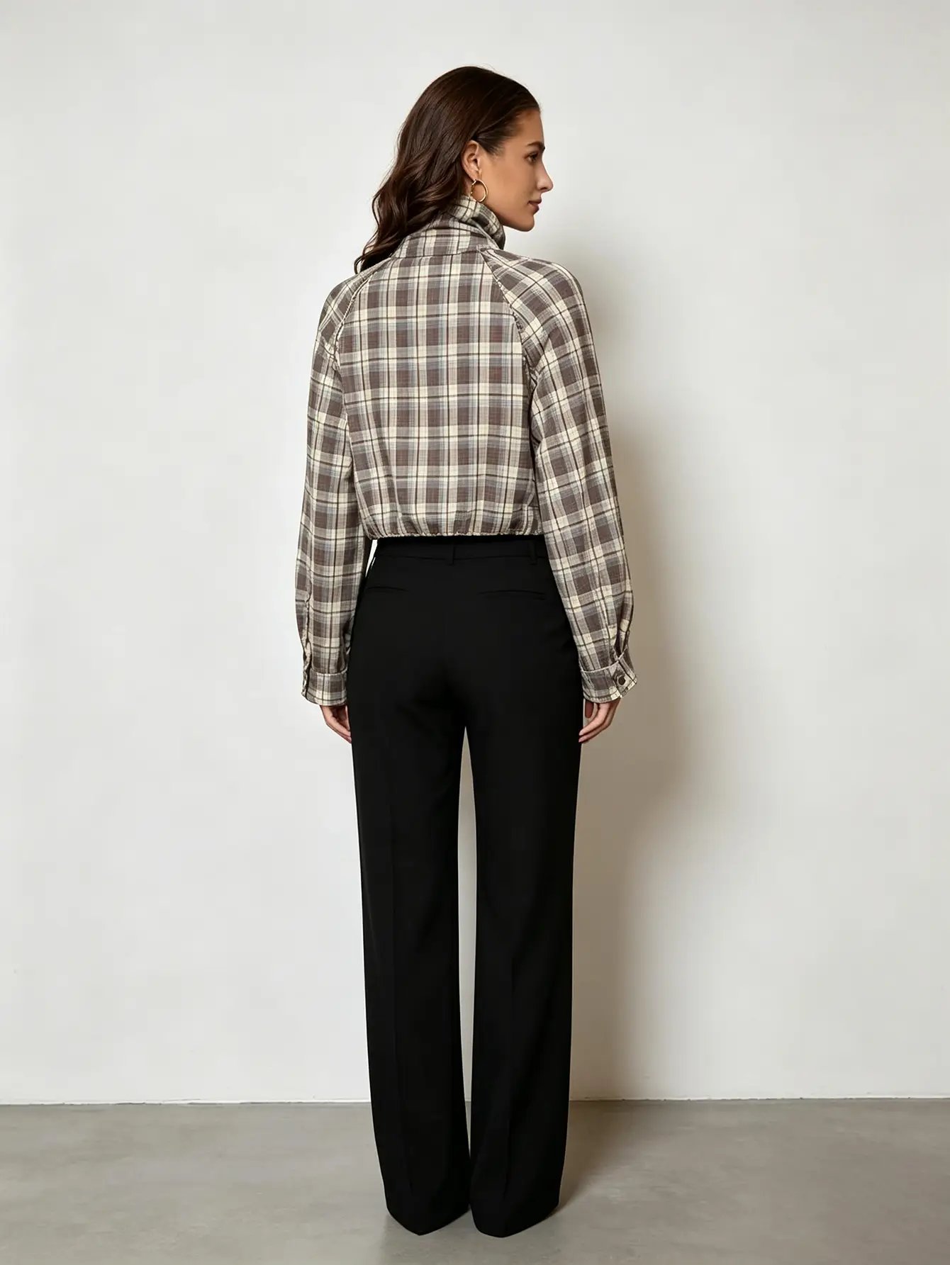 Brown Plaid Long Sleeve Zip-Up Crop Top