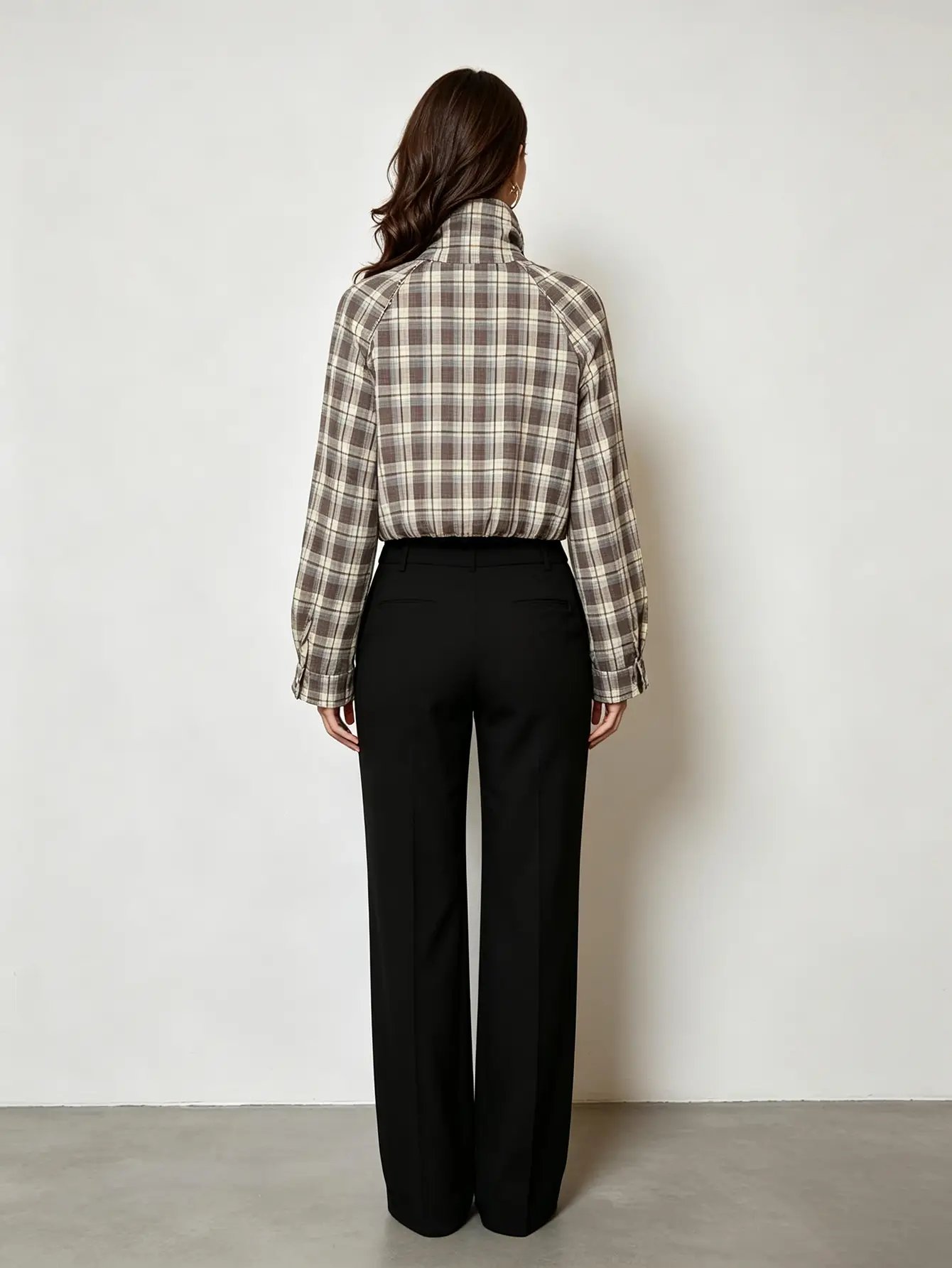 Brown Plaid Long Sleeve Zip-Up Crop Top