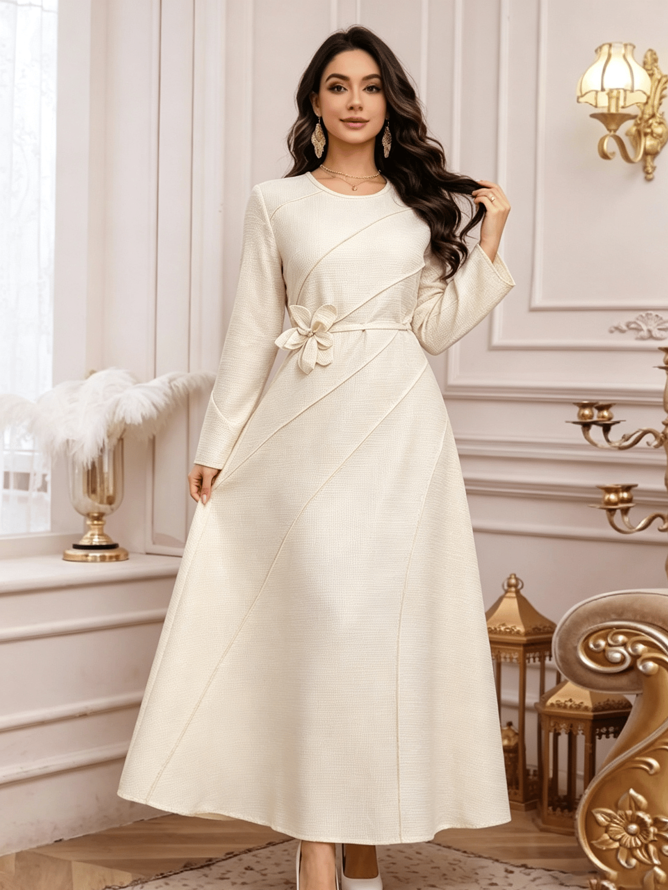 Beige A-Line Maxi Dress with Long Sleeves