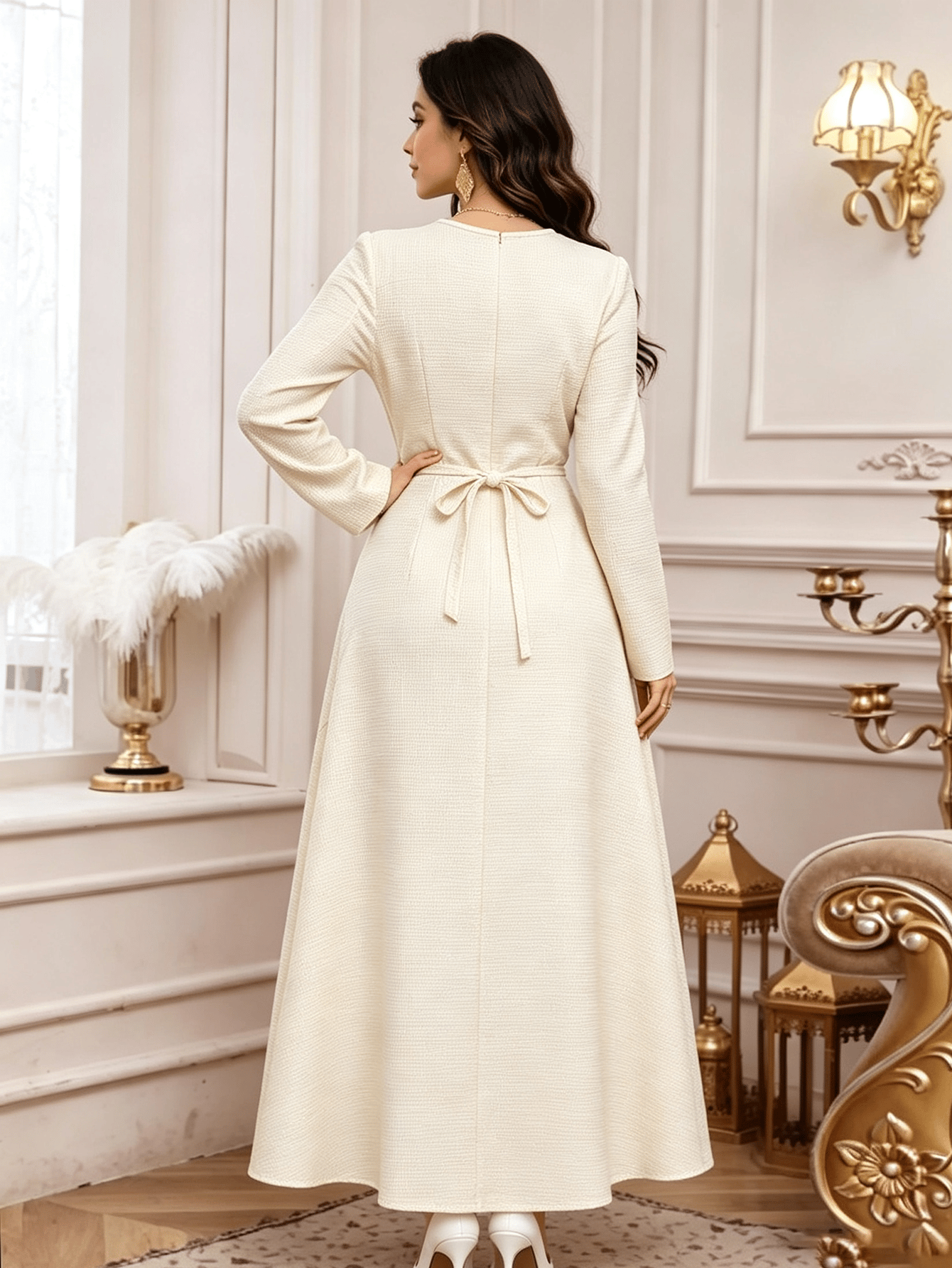 Beige A-Line Maxi Dress with Long Sleeves