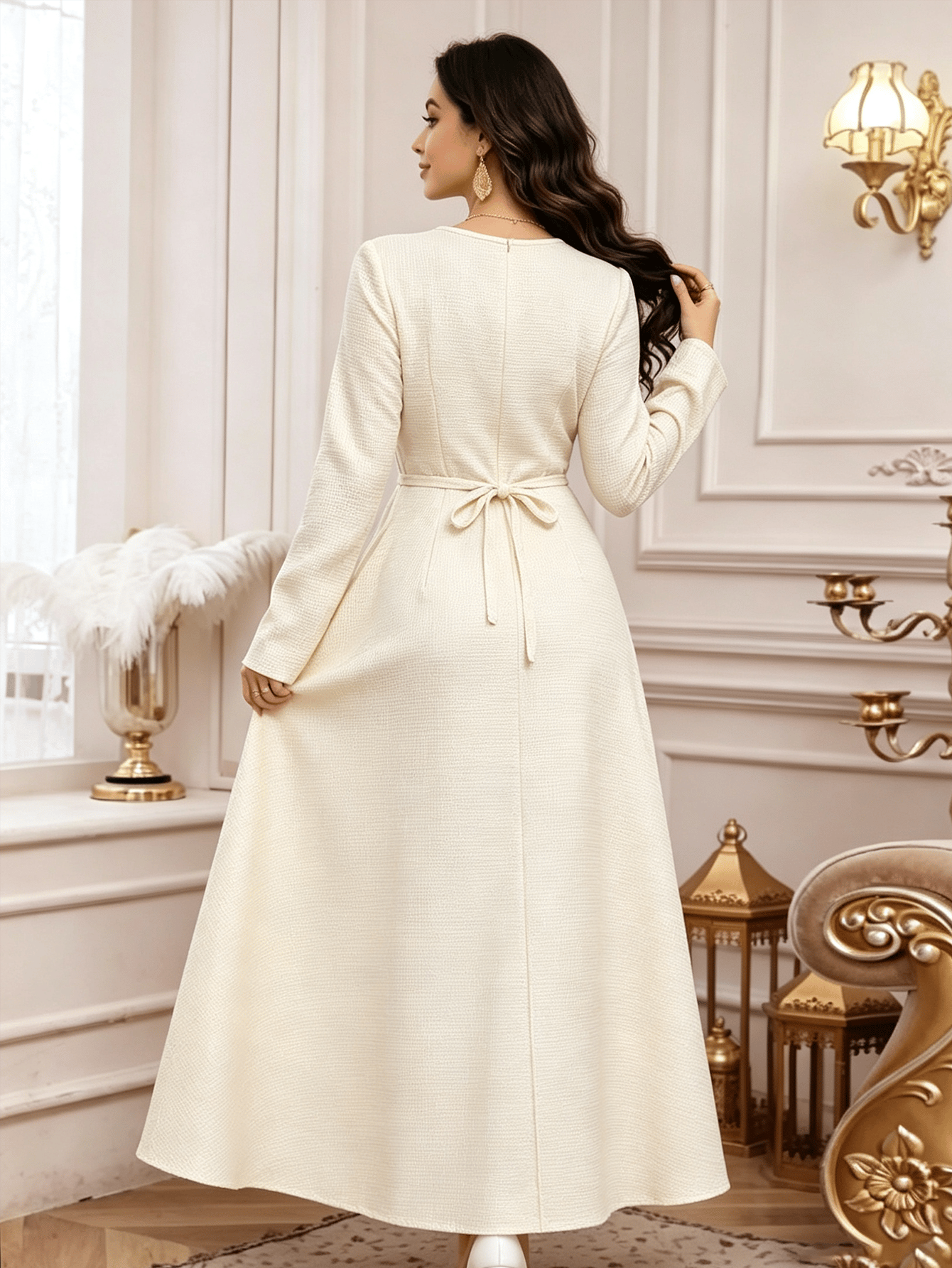Beige A-Line Maxi Dress with Long Sleeves
