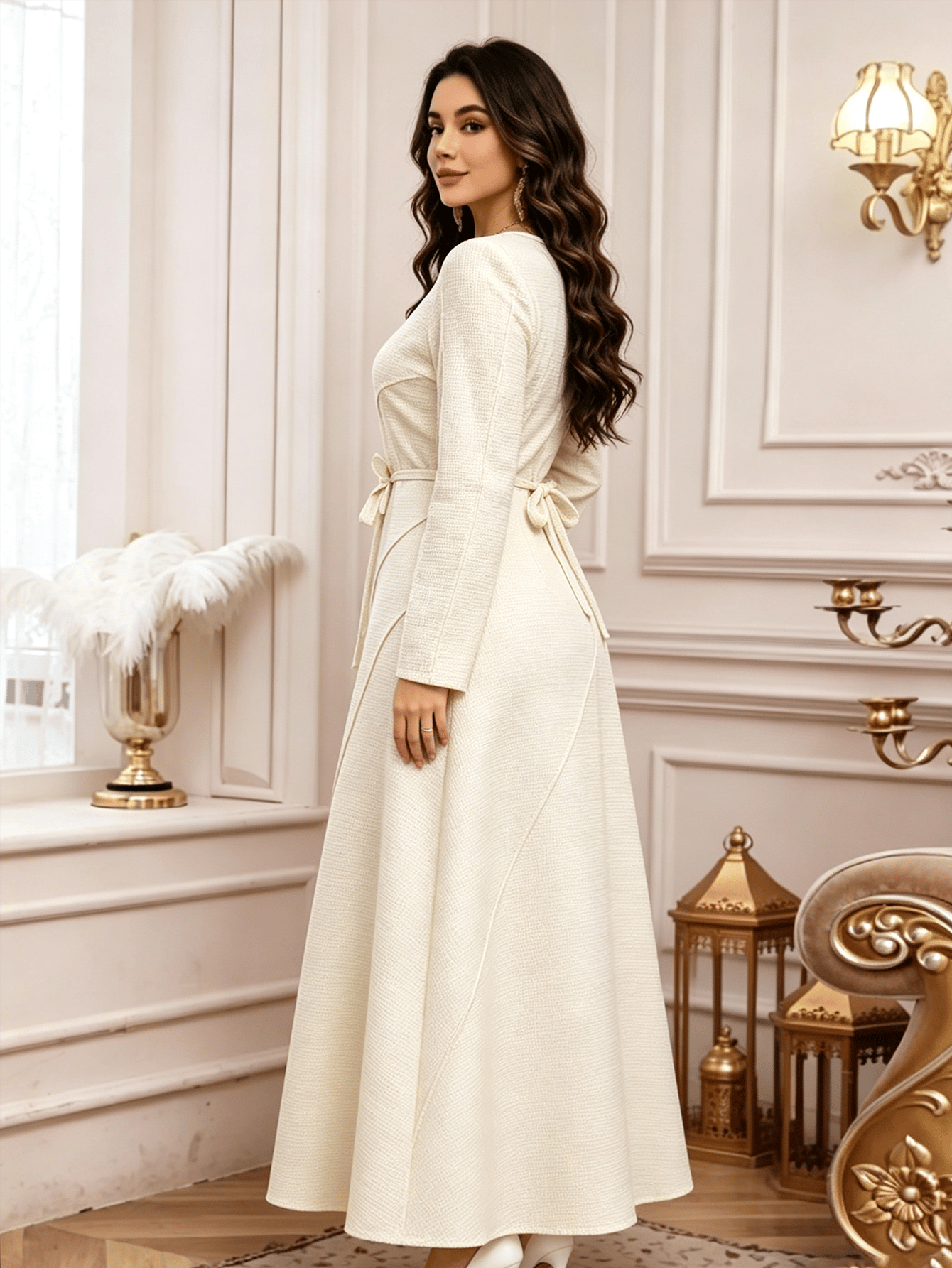 Beige A-Line Maxi Dress with Long Sleeves