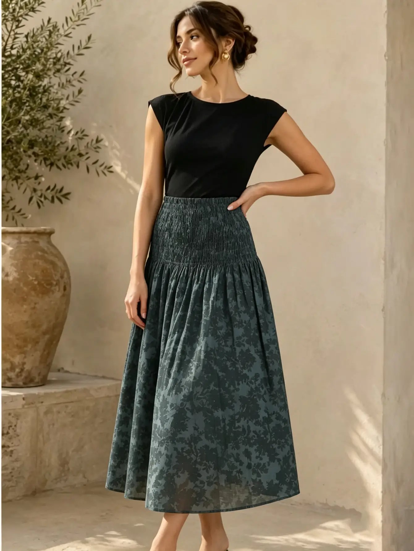 Dark Blue Floral A-Line Midi Skirt with Smocked Waist