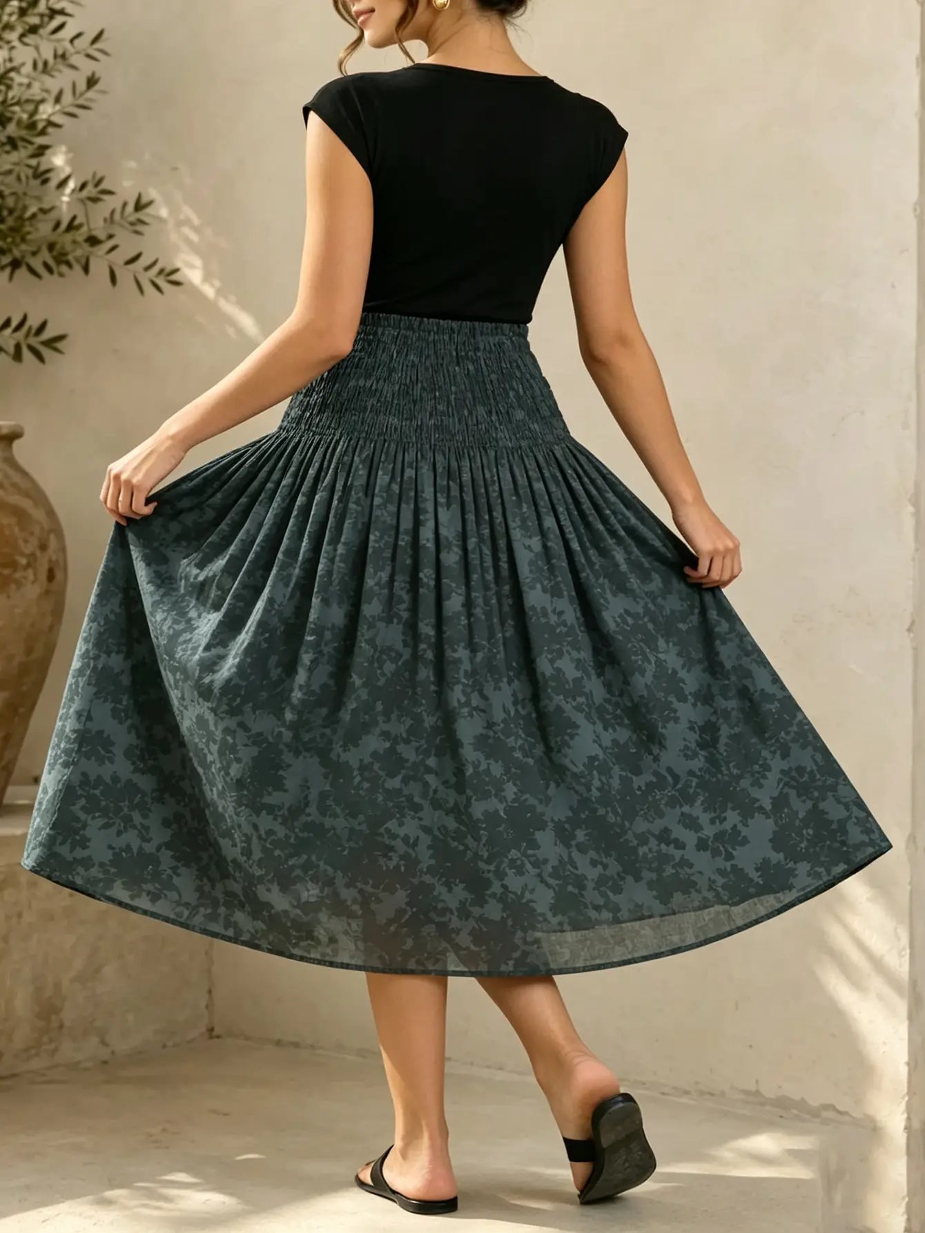 Dark Blue Floral A-Line Midi Skirt with Smocked Waist