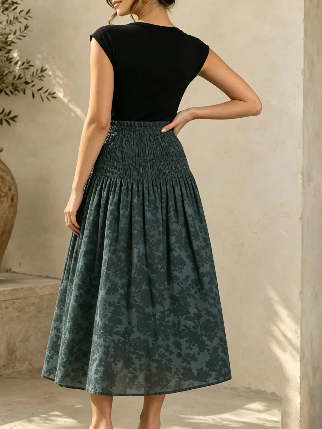 Dark Blue Floral A-Line Midi Skirt with Smocked Waist