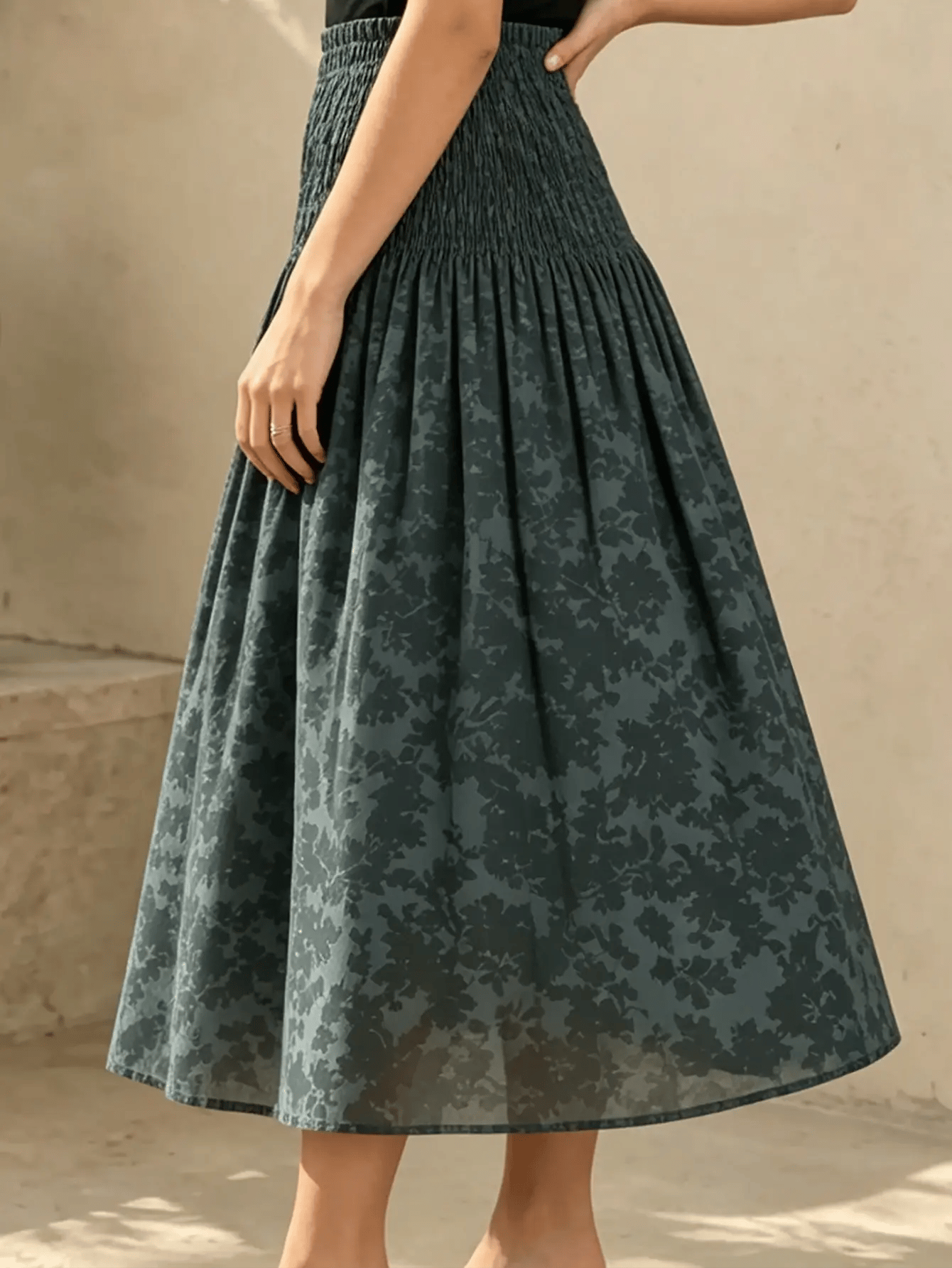 Dark Blue Floral A-Line Midi Skirt with Smocked Waist