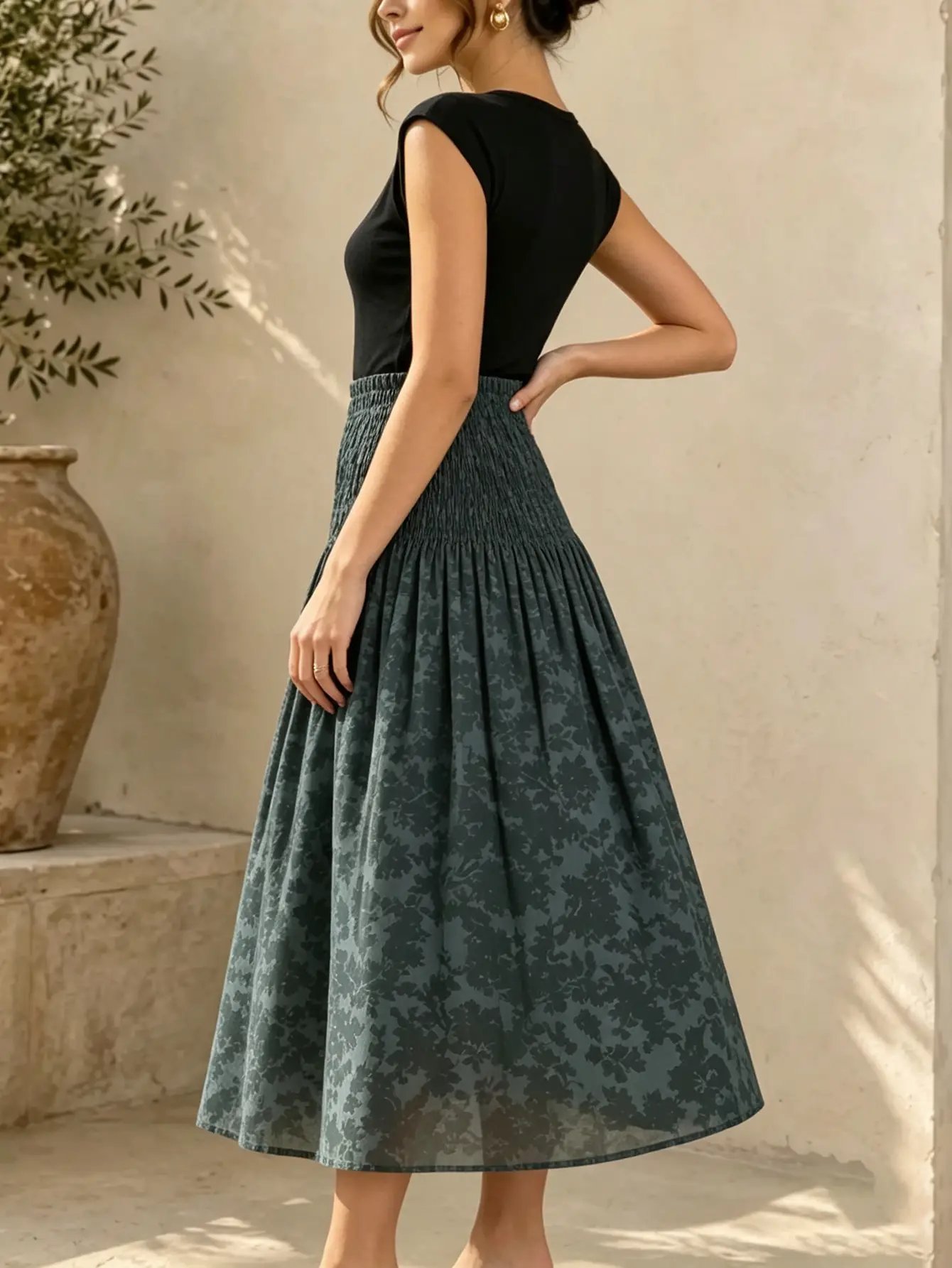 Dark Blue Floral A-Line Midi Skirt with Smocked Waist