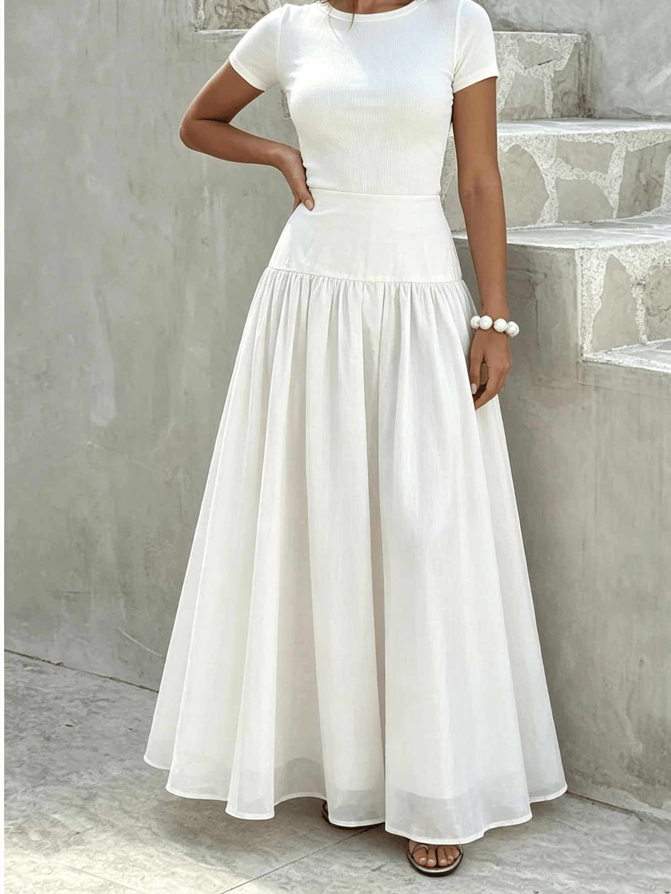 White Soid Pleated Ruffled A-Line Maxi Skirt