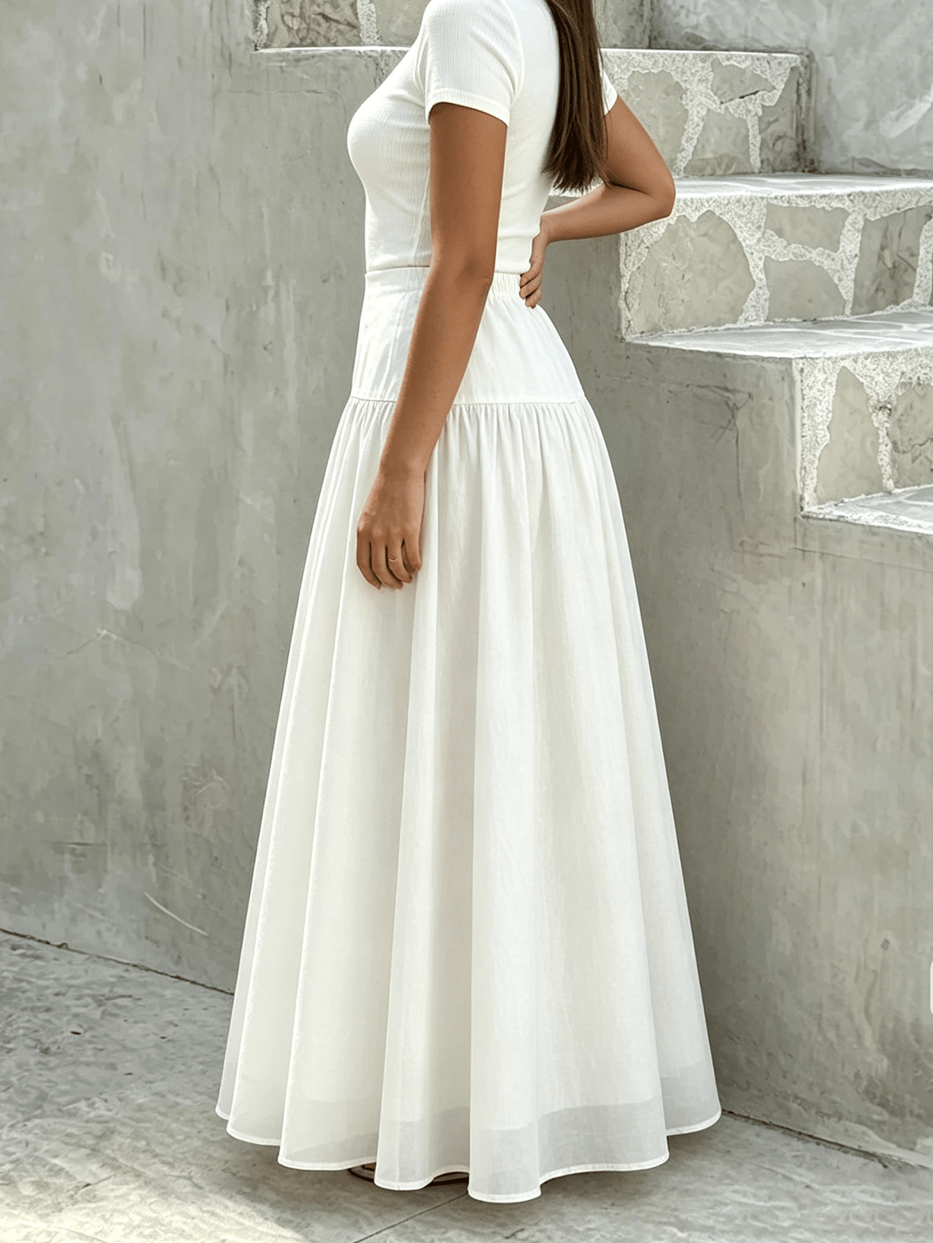 White Soid Pleated Ruffled A-Line Maxi Skirt