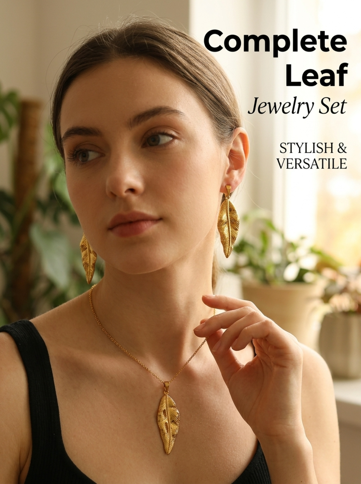 Gold Leaf Pendant Necklace and Earring Set