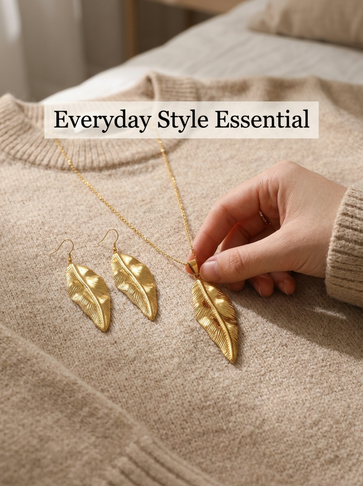 Gold Leaf Pendant Necklace and Earring Set