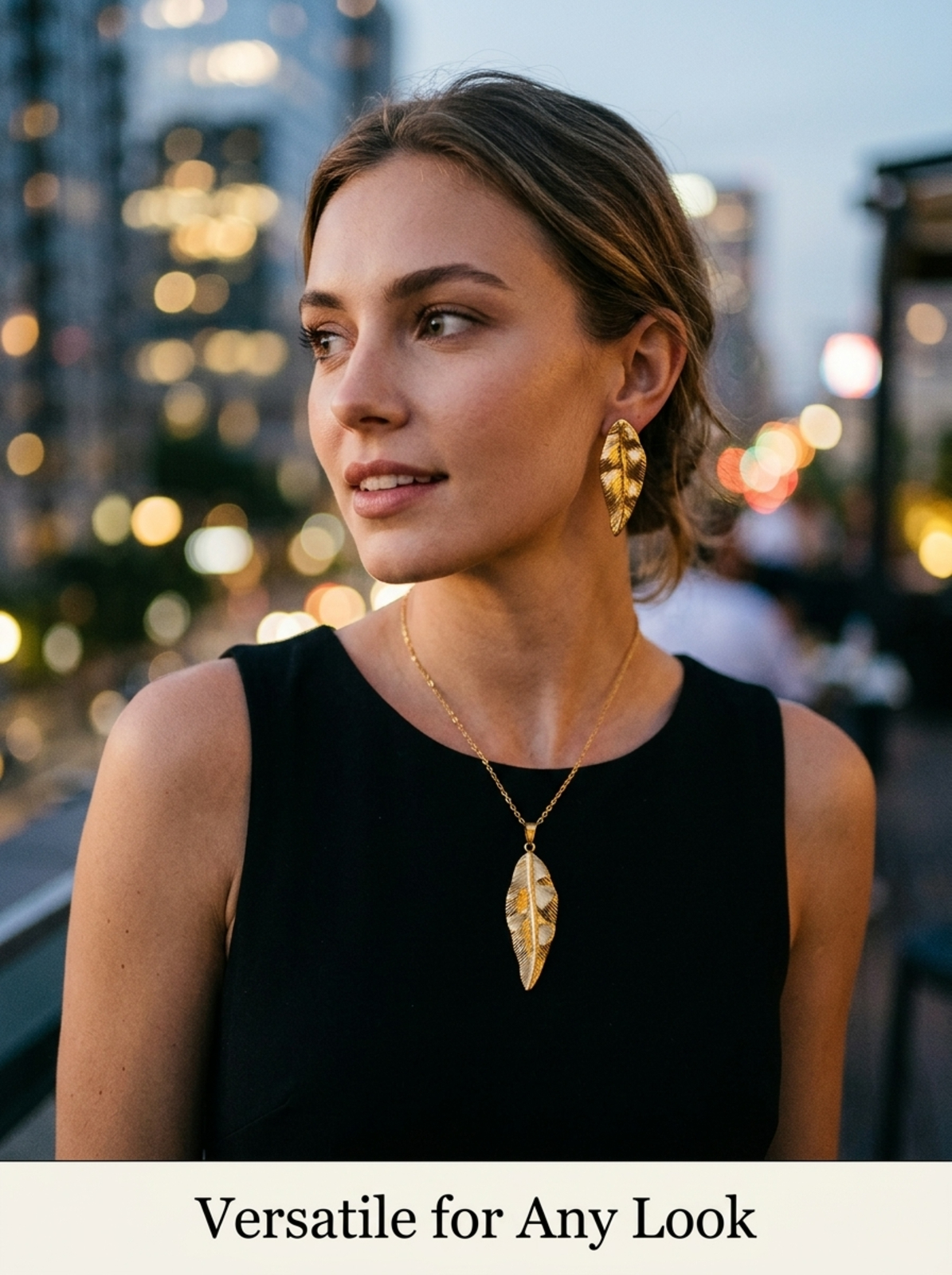 Gold Leaf Pendant Necklace and Earring Set