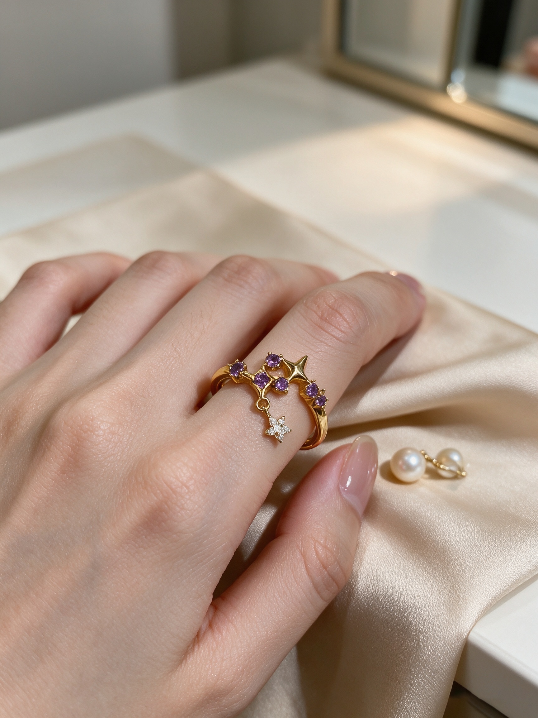 Golden Starburst Ring with Amethyst Accent