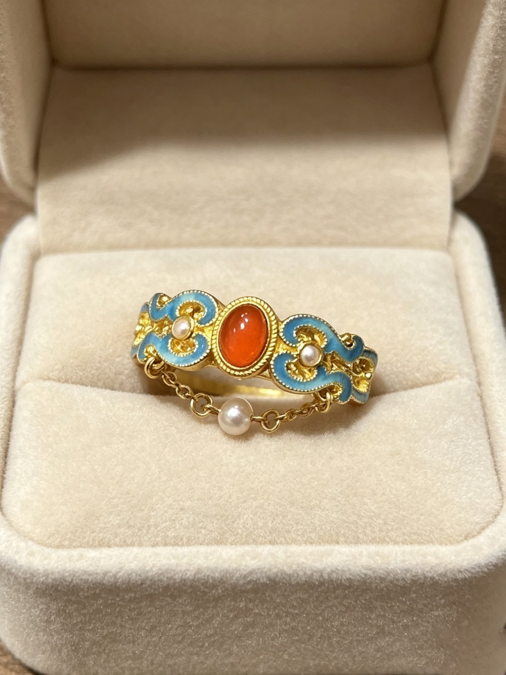 Golden Enamel and Carnelian Ring with Pearl Chain