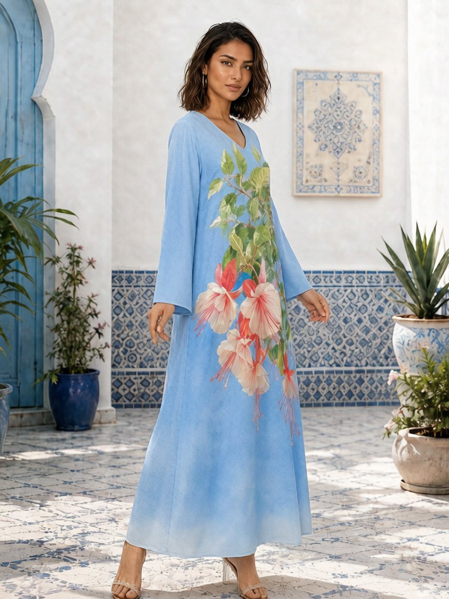 Sky Blue Hibiscus Floral Print V-Neck Long Sleeve Maxi Jalabiya
