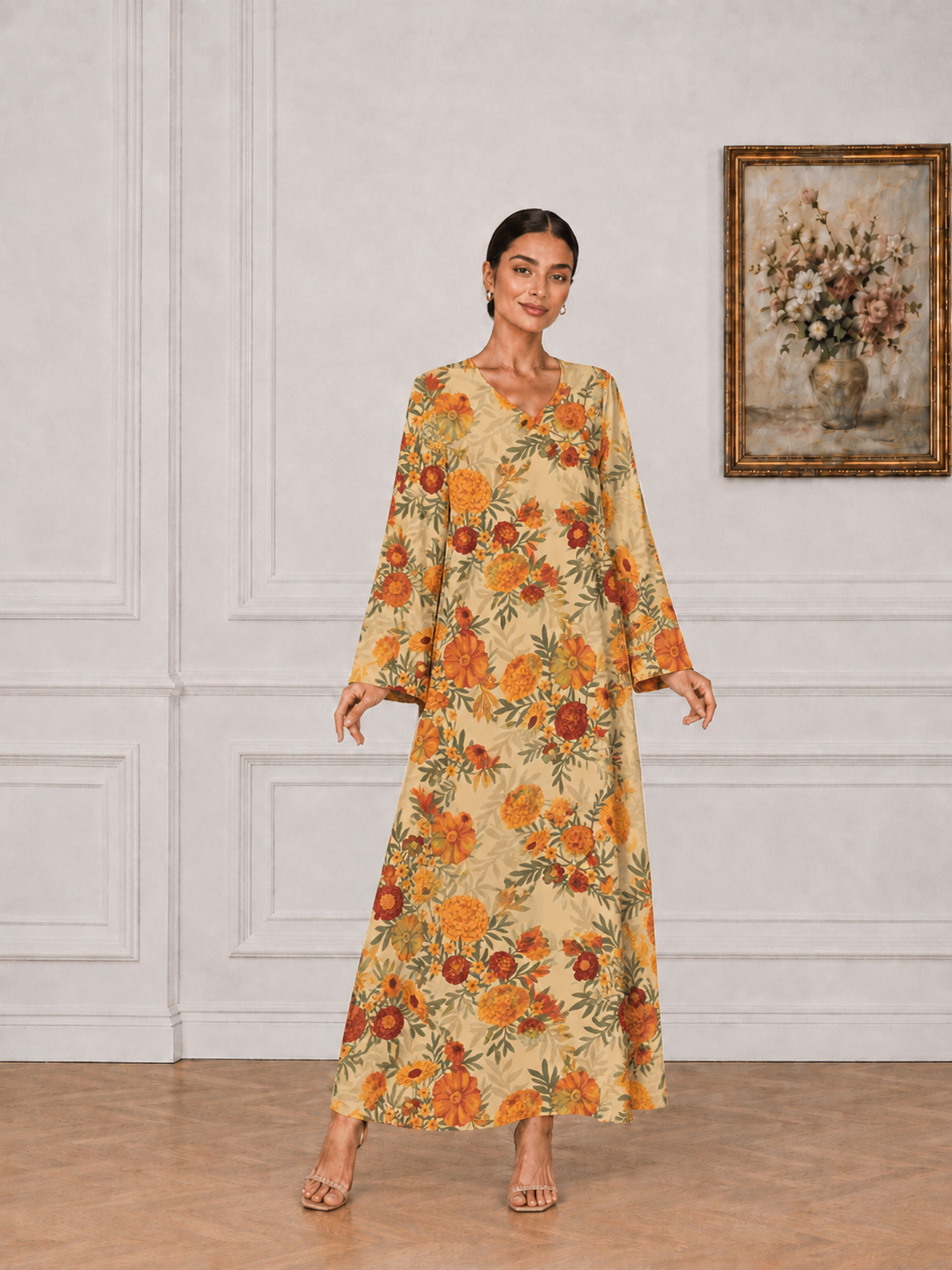 Orange Floral Print V-Neck Long Sleeve Maxi Jalabiya