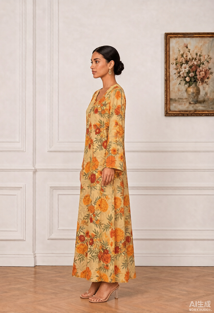 Orange Floral Print V-Neck Long Sleeve Maxi Jalabiya