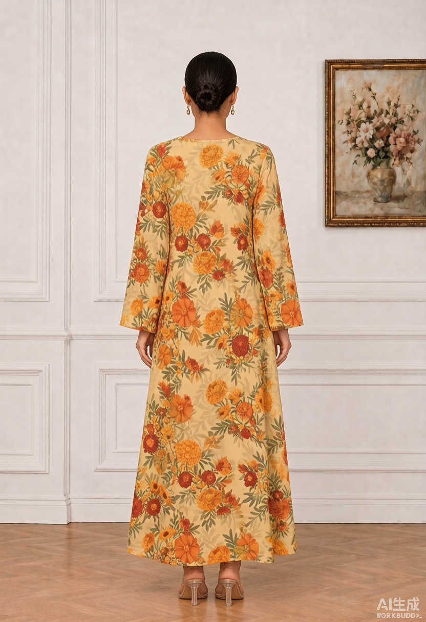Orange Floral Print V-Neck Long Sleeve Maxi Jalabiya