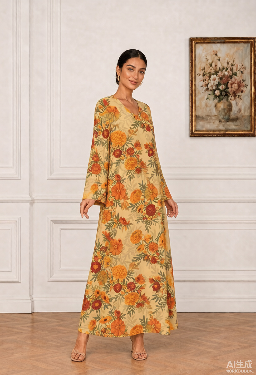 Orange Floral Print V-Neck Long Sleeve Maxi Jalabiya