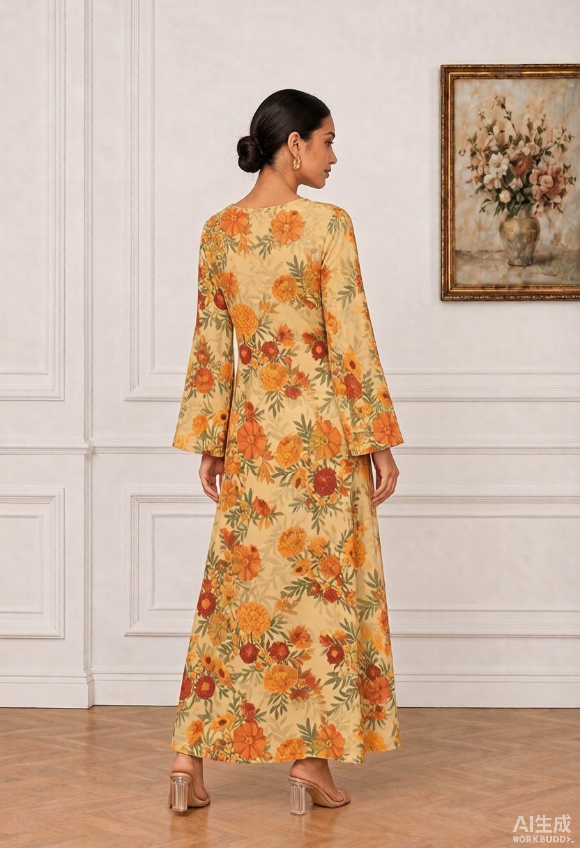 Orange Floral Print V-Neck Long Sleeve Maxi Jalabiya