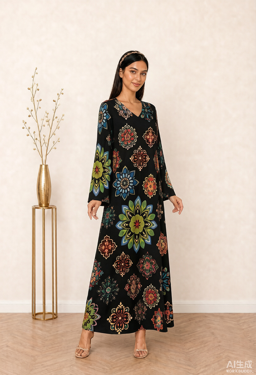 Black Medallion Floral Print V-Neck Long Sleeve Maxi Jalabiya