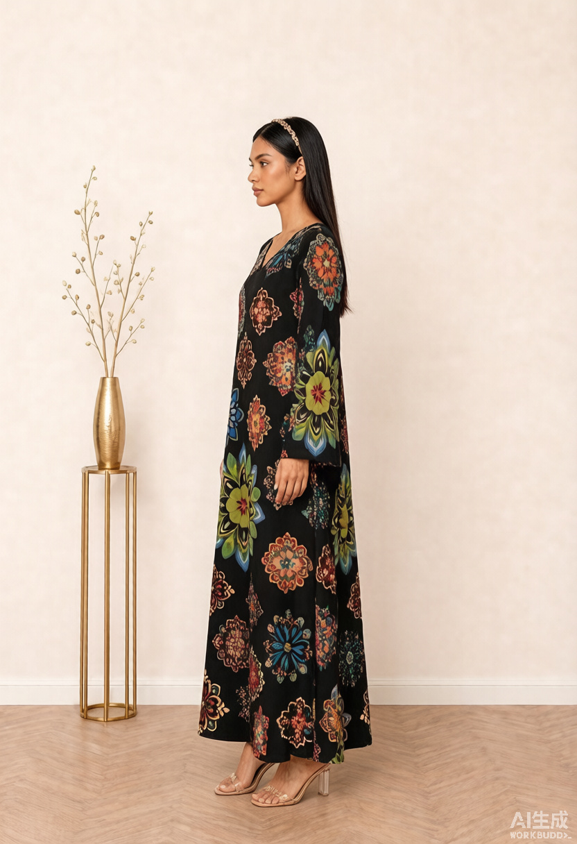 Black Medallion Floral Print V-Neck Long Sleeve Maxi Jalabiya