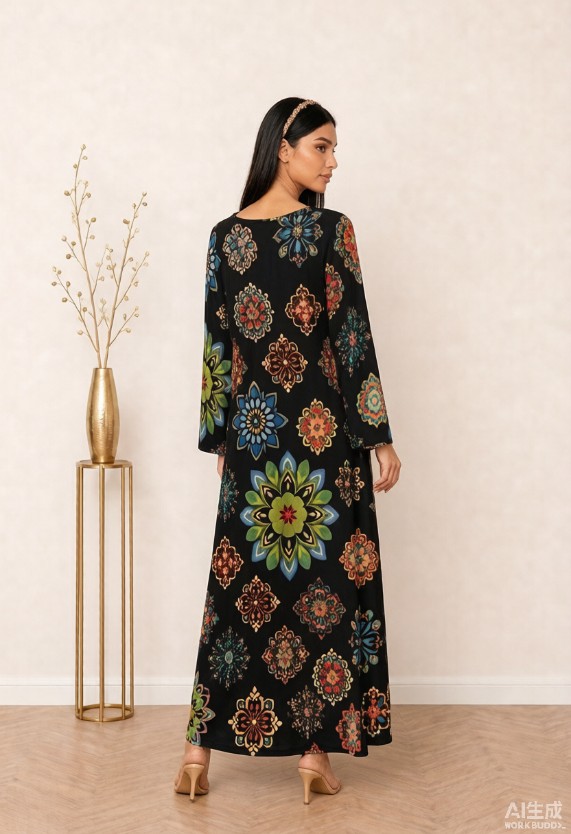 Black Medallion Floral Print V-Neck Long Sleeve Maxi Jalabiya