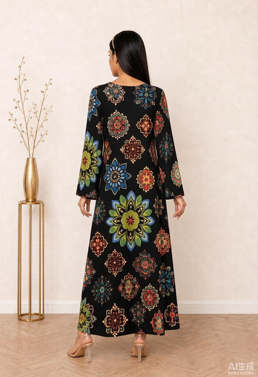 Black Medallion Floral Print V-Neck Long Sleeve Maxi Jalabiya