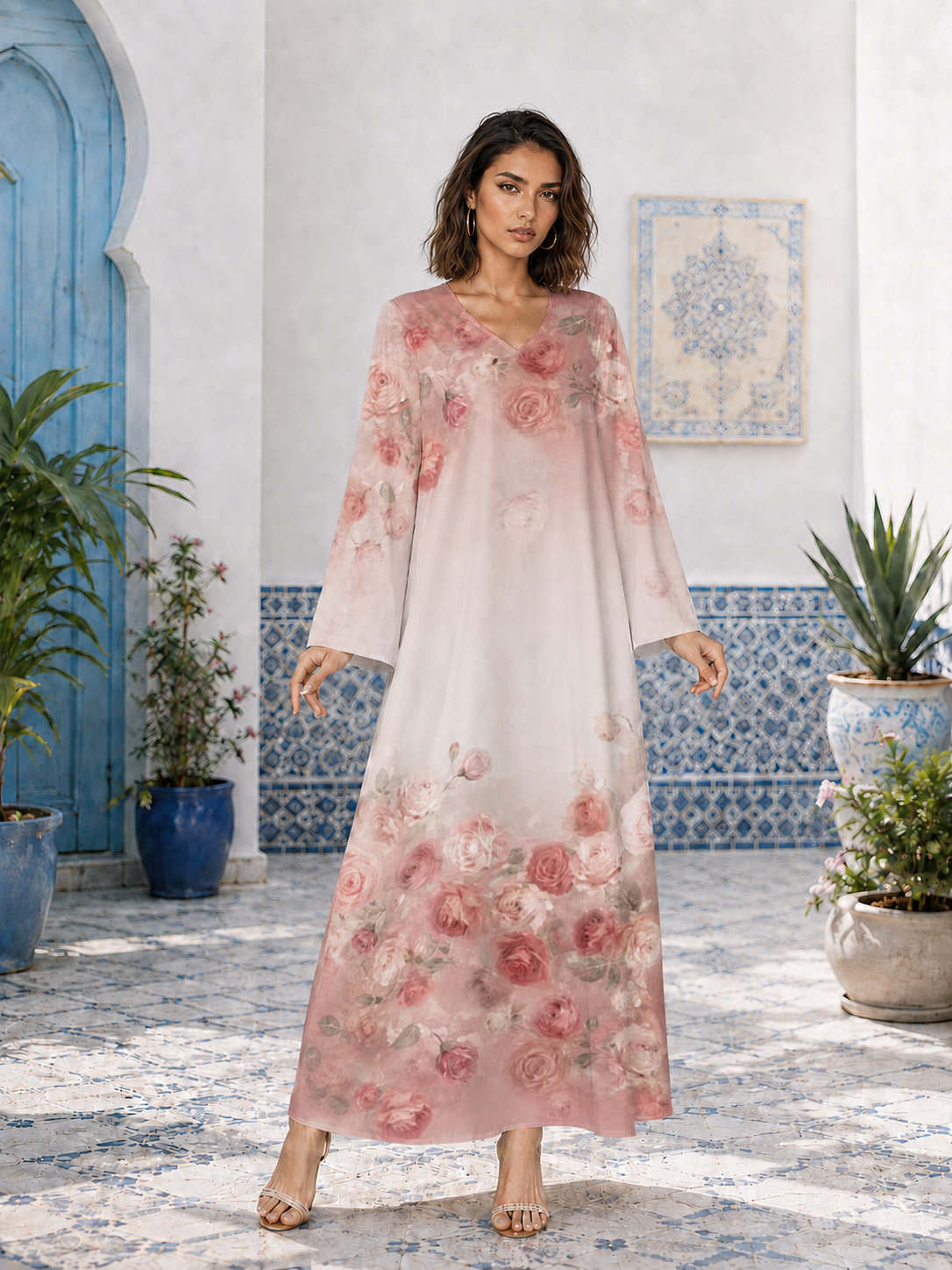 Pink Rose Floral Print V-Neck Long Sleeve Maxi Jalabiya