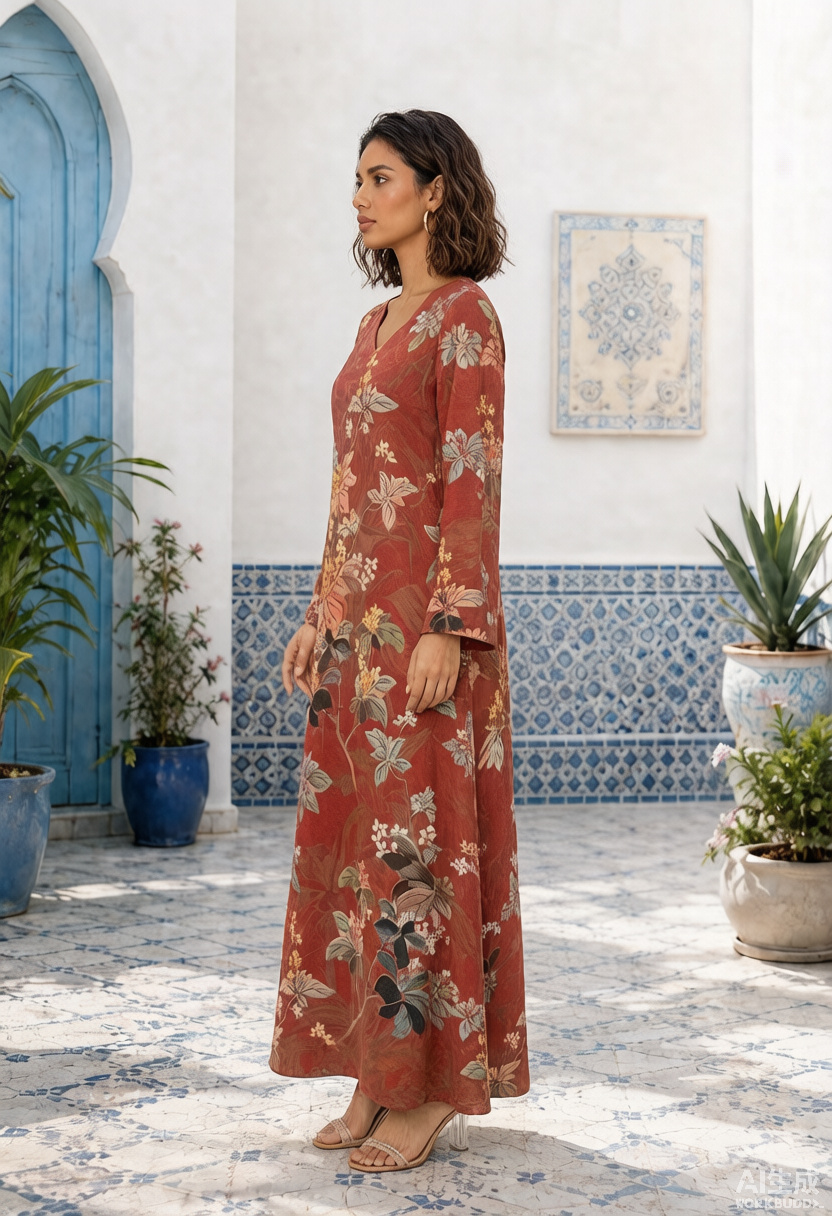 Red Floral Print V-Neck Long Sleeve Maxi Jalabiya
