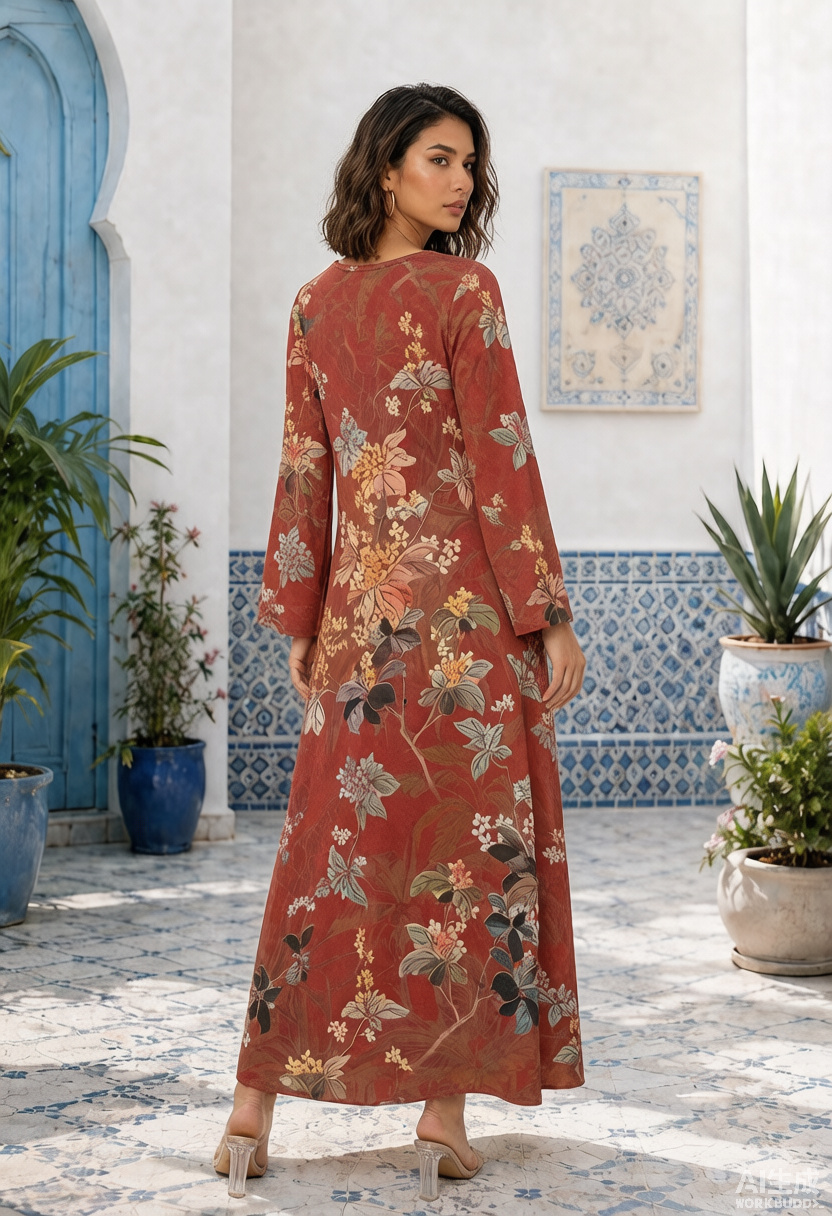 Red Floral Print V-Neck Long Sleeve Maxi Jalabiya