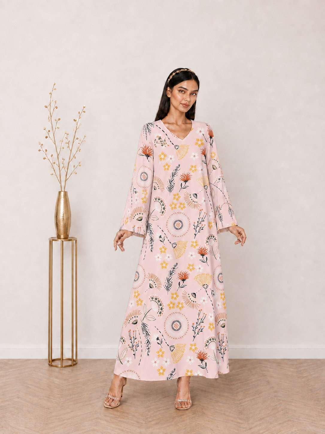 Pink Floral Medallion Print V-Neck Long Sleeve Maxi Jalabiya