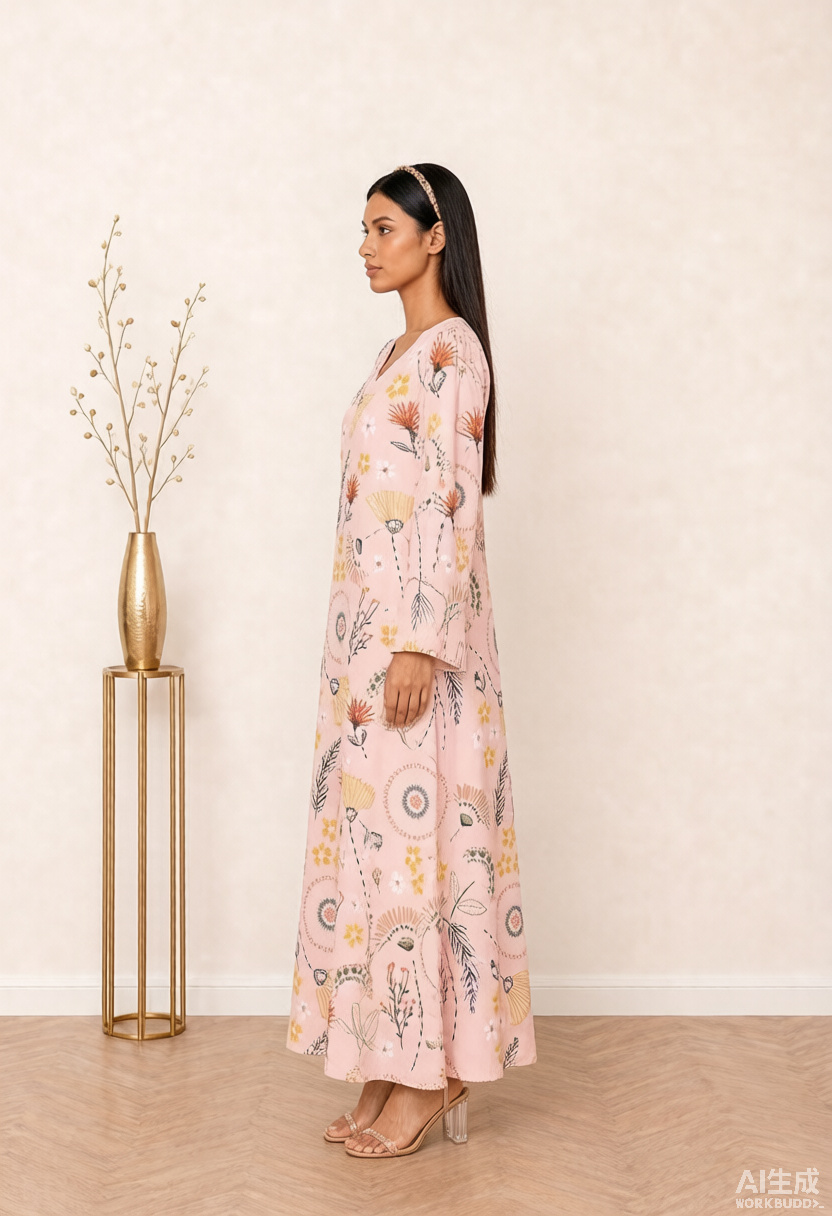 Pink Floral Medallion Print V-Neck Long Sleeve Maxi Jalabiya