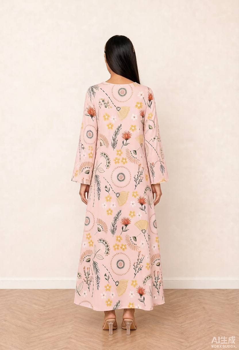 Pink Floral Medallion Print V-Neck Long Sleeve Maxi Jalabiya