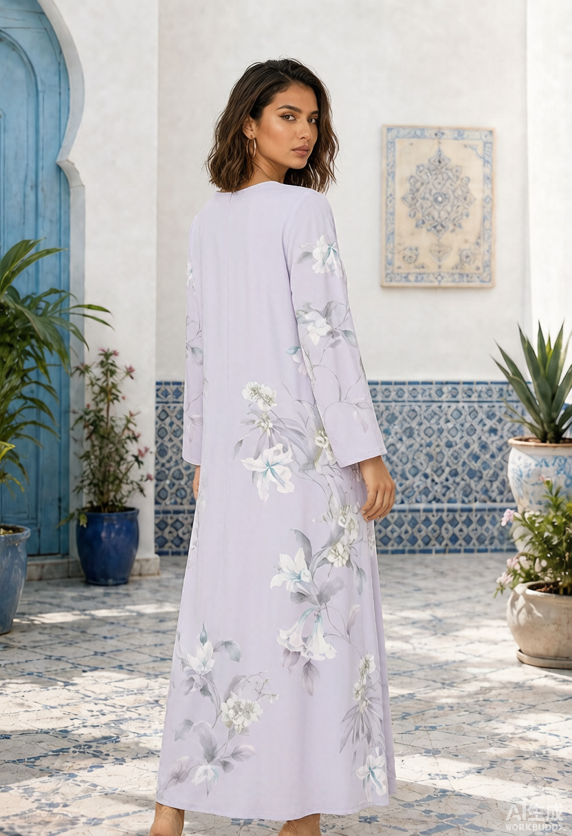 Lilac Floral Print V-Neck Long Sleeve Maxi Jalabiya