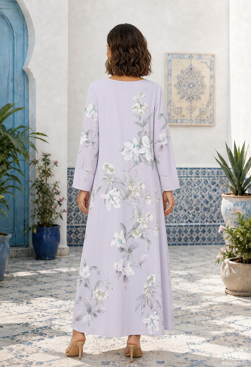 Lilac Floral Print V-Neck Long Sleeve Maxi Jalabiya