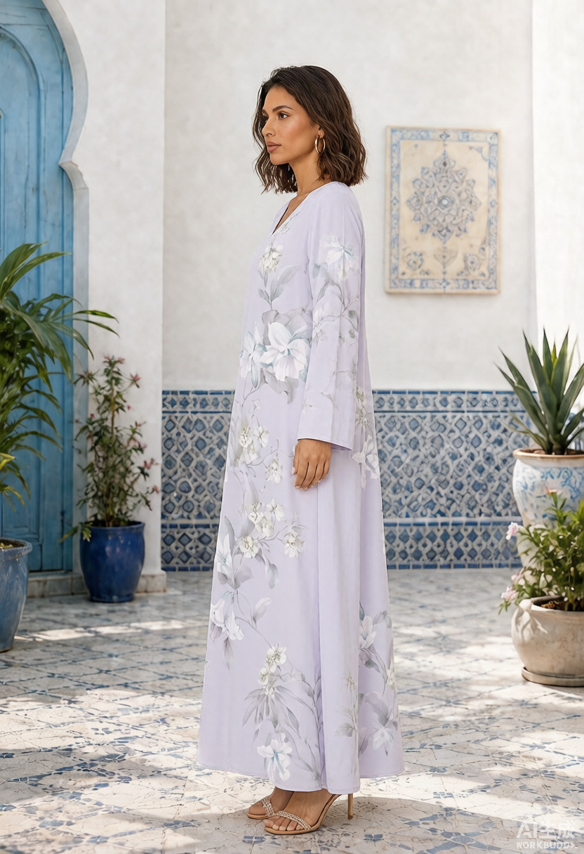 Lilac Floral Print V-Neck Long Sleeve Maxi Jalabiya