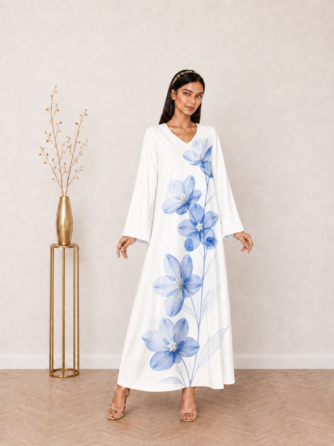 White Blue Floral Print V-Neck Long Sleeve Maxi Jalabiya