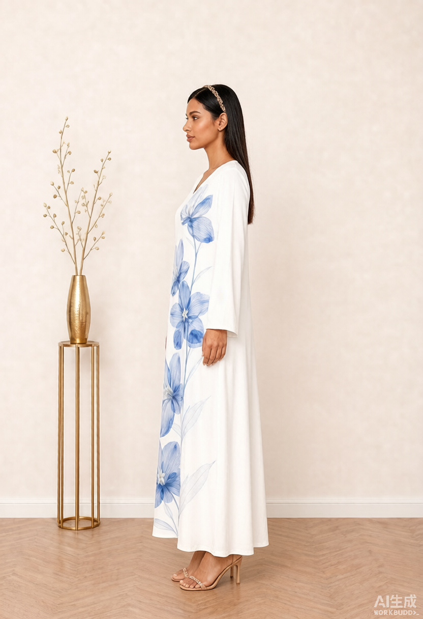 White Blue Floral Print V-Neck Long Sleeve Maxi Jalabiya
