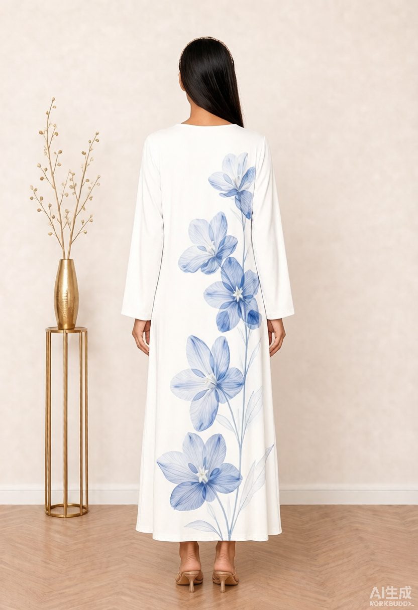 White Blue Floral Print V-Neck Long Sleeve Maxi Jalabiya